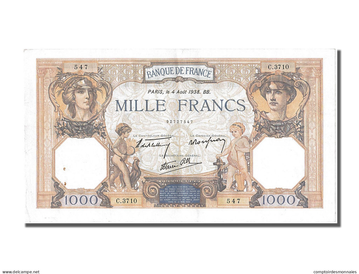 Billet, France, 500 Francs, 1 000 F 1927-1940 ''Cérès Et Mercure'', 1938 - 1 000 F 1927-1940 ''Cérès Et Mercure''