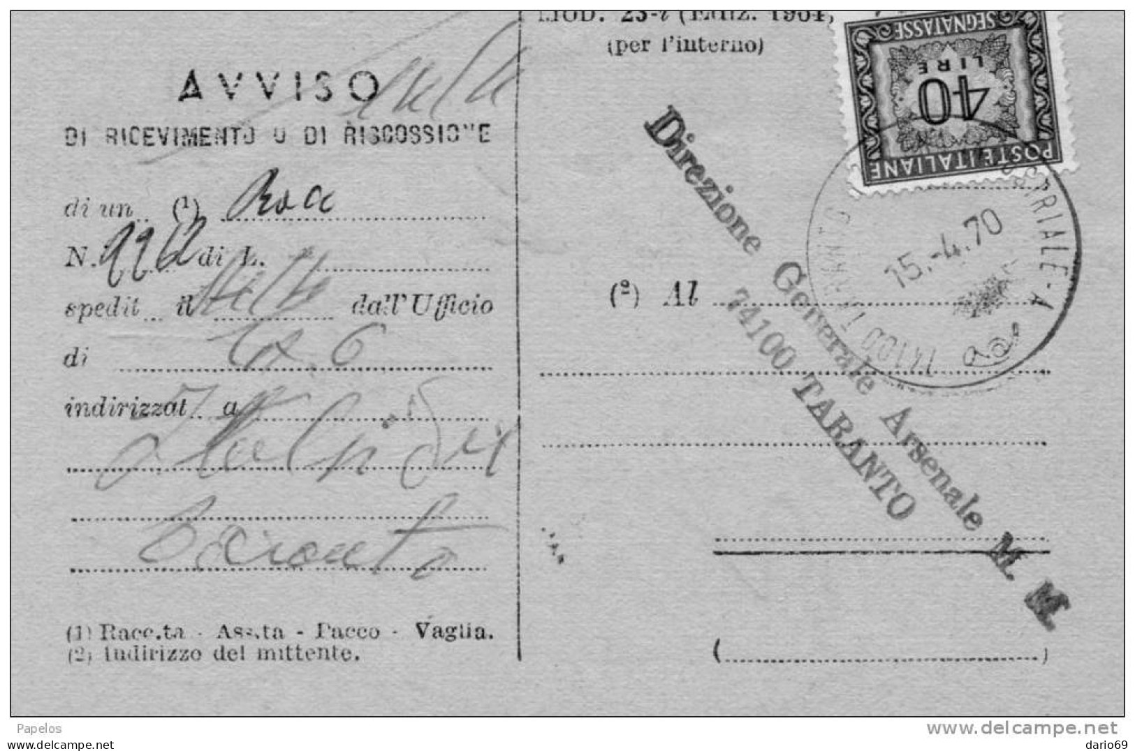 1970   CARTOLINA  AVVISO DI RICEVIMENTO CON ANNULLO TARANTO - Portomarken