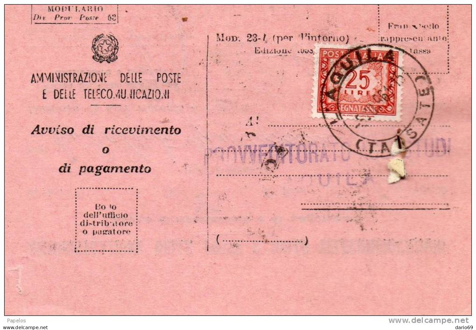 1961   CARTOLINA  AVVISO DI RICEVIMENTO CON ANNULLO  L' AQUILA - Taxe