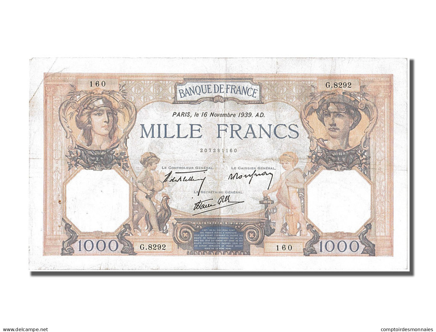 Billet, France, 500 Francs, 1 000 F 1927-1940 ''Cérès Et Mercure'', 1939 - 1 000 F 1927-1940 ''Cérès E Mercure''