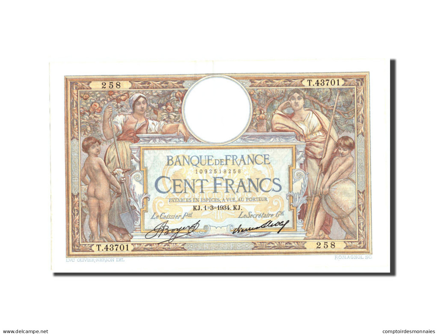 Billet, France, 100 Francs, 100 F 1908-1939 ''Luc Olivier Merson'', 1934 - 100 F 1908-1939 ''Luc Olivier Merson''