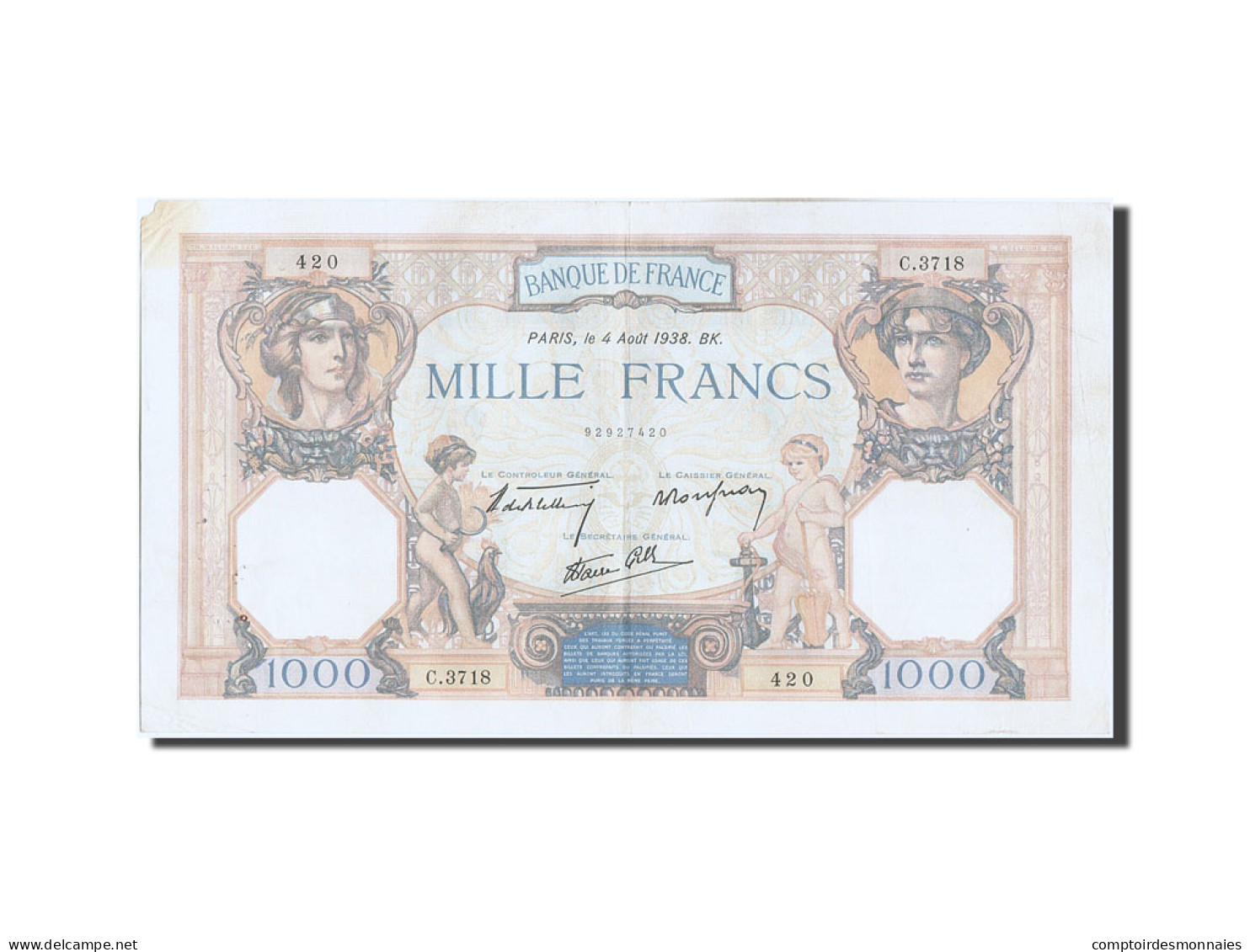 Billet, France, 1000 Francs, 1 000 F 1927-1940 ''Cérès Et Mercure'', 1938 - 1 000 F 1927-1940 ''Cérès Et Mercure''