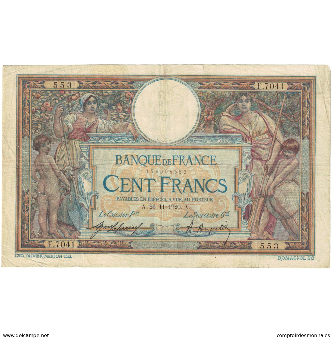 France, 100 Francs, Luc Olivier Merson, 1920, F.7041 553, TB, Fayette:23.13 - 100 F 1908-1939 ''Luc Olivier Merson''