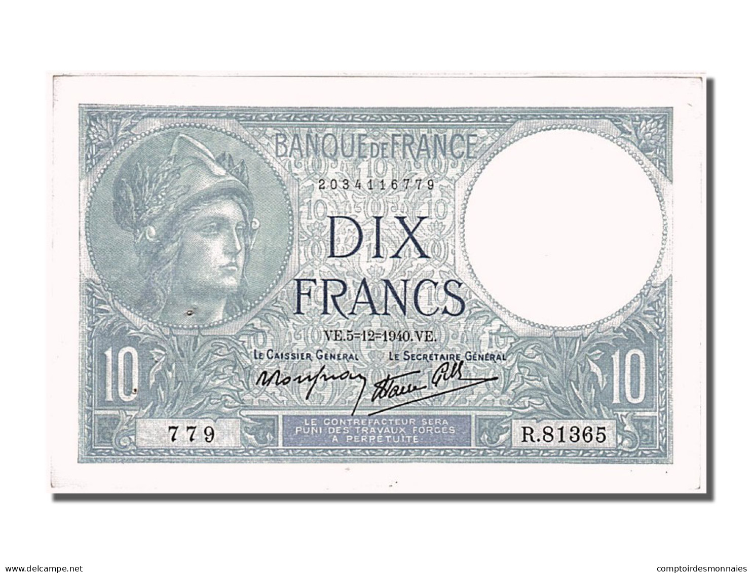 Billet, France, 10 Francs, 10 F 1916-1942 ''Minerve'', 1940, 1940-12-05, SPL - 10 F 1916-1942 ''Minerve''