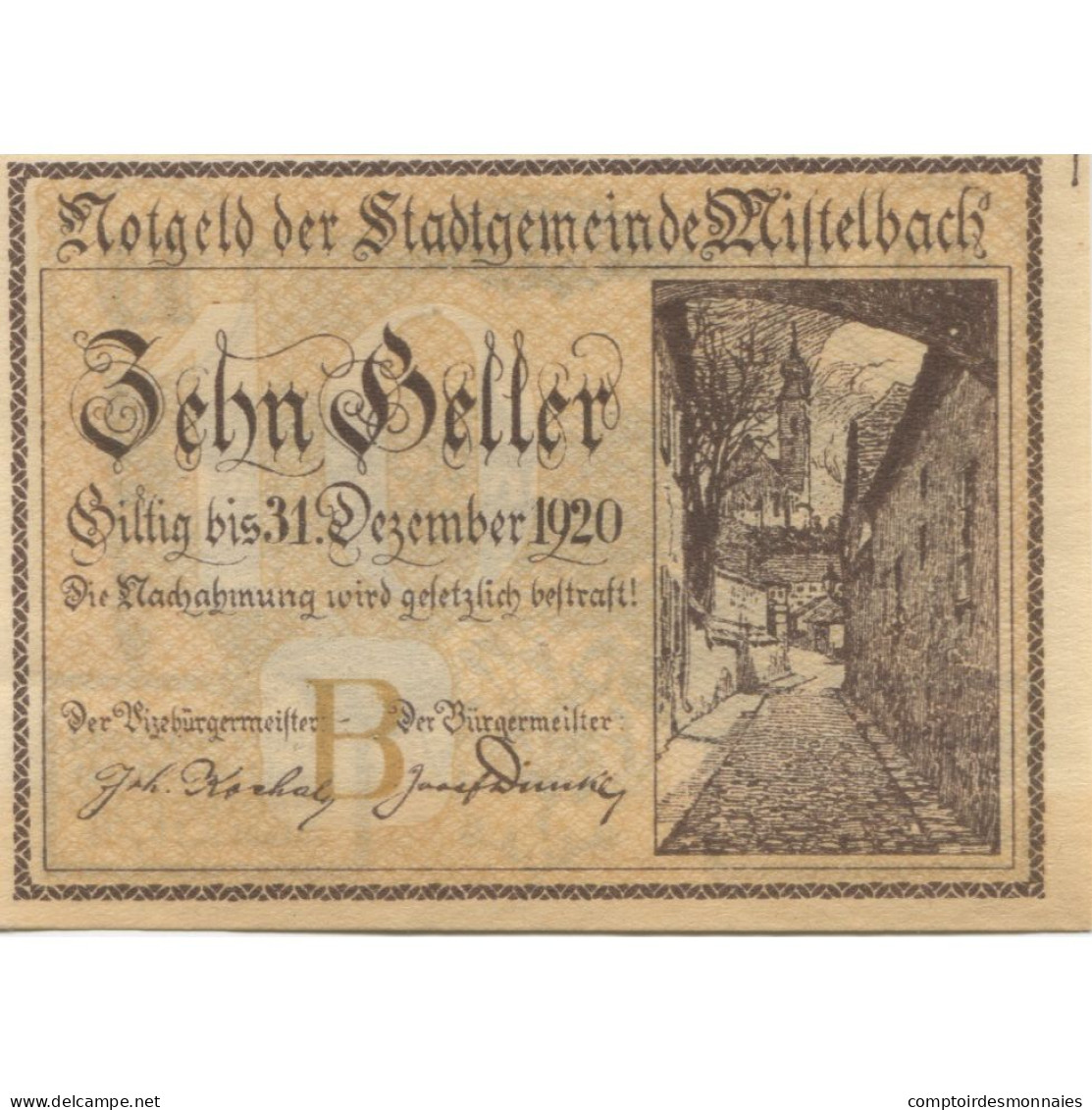 Billet, Autriche, Mistelbach, 10 Heller, Rue 1920-12-31, SPL, Mehl:FS 614b - Oesterreich