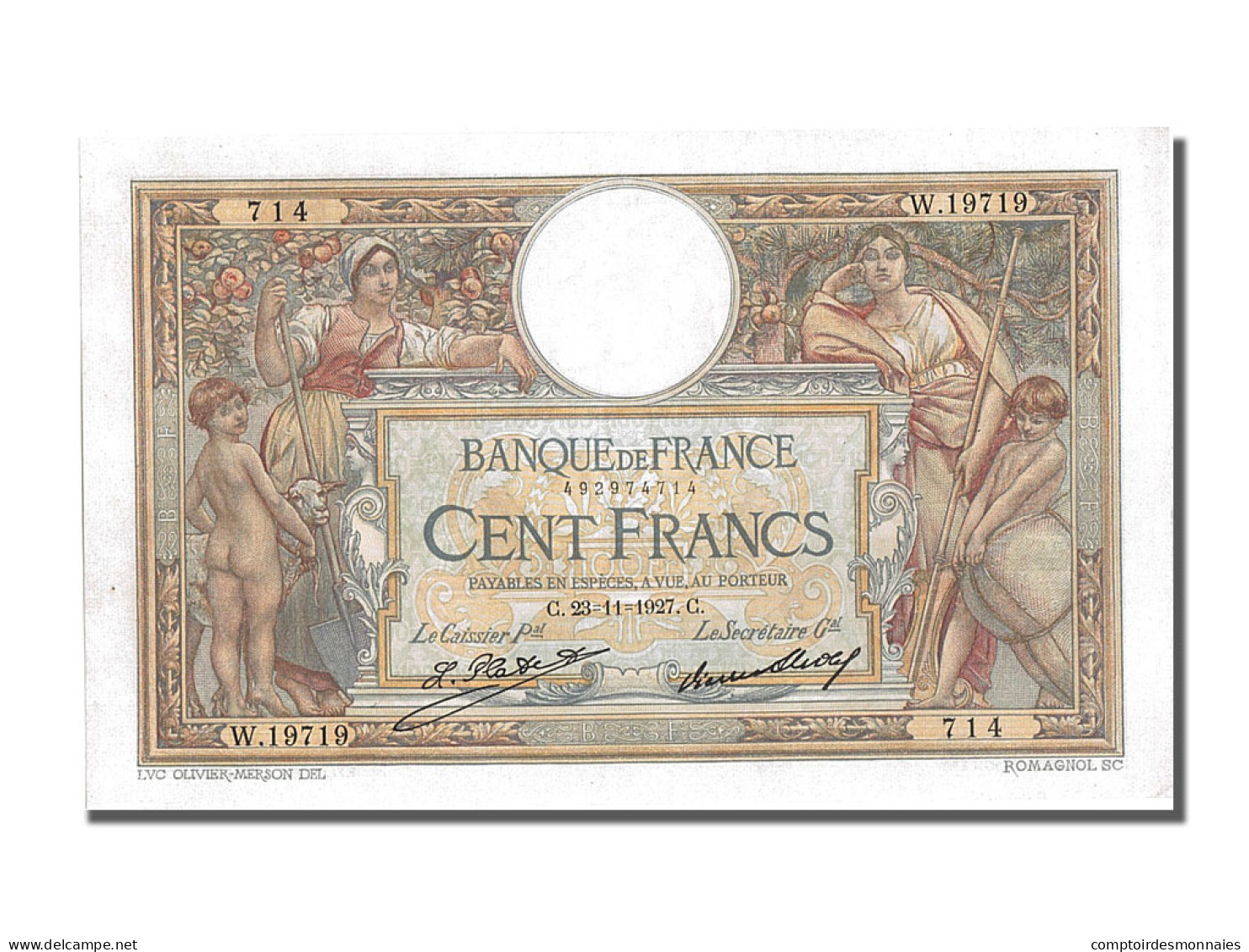 Billet, France, 100 Francs, 100 F 1908-1939 ''Luc Olivier Merson'', 1927 - 100 F 1908-1939 ''Luc Olivier Merson''