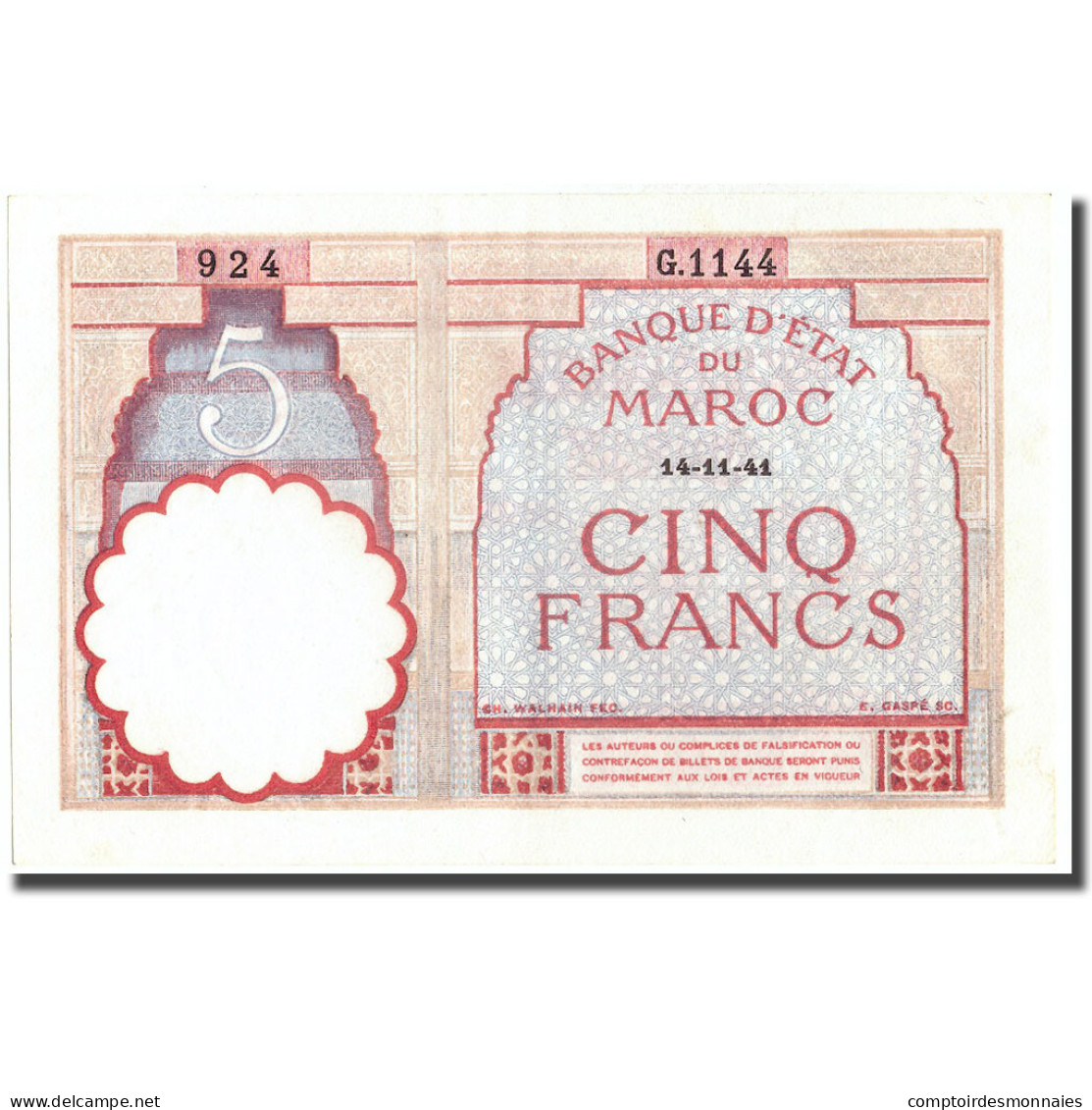 Billet, Maroc, 5 Francs, 1941, 1941-11-14, KM:23Ab, SPL - Marokko