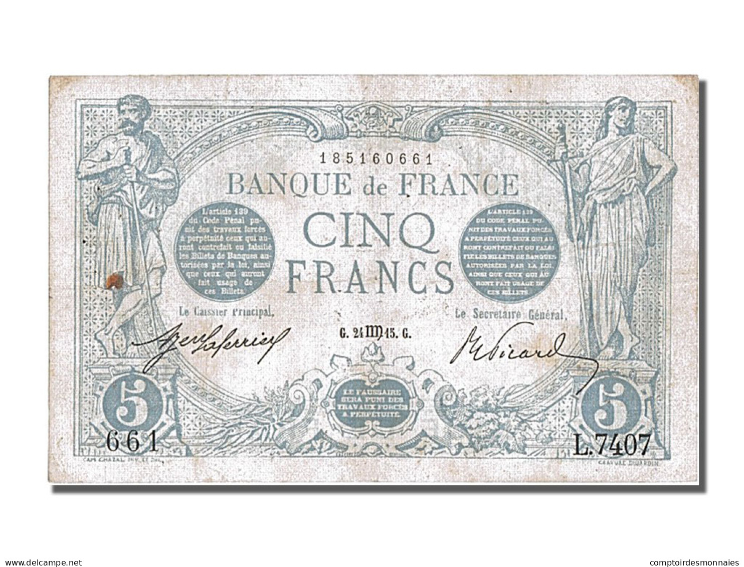 Billet, France, 5 Francs, 5 F 1912-1917 ''Bleu'', 1915, 1915-08-24, TTB+ - 5 F 1912-1917 ''Bleu''