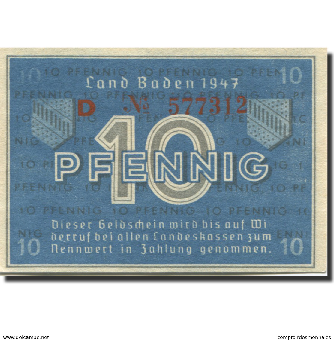 Billet, Allemagne, Baden, 10 Pfennig, 1947, KM:S1002a, SPL - Andere & Zonder Classificatie