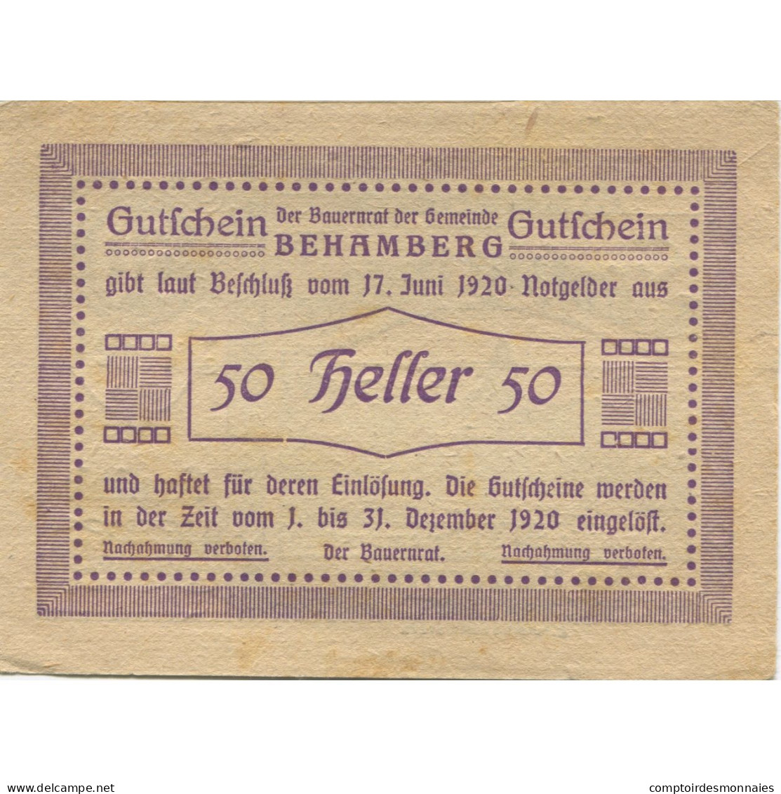 Billet, Autriche, Behamberg, 50 Heller, Paysage 1920-12-31, SUP, Mehl:FS 80a - Austria