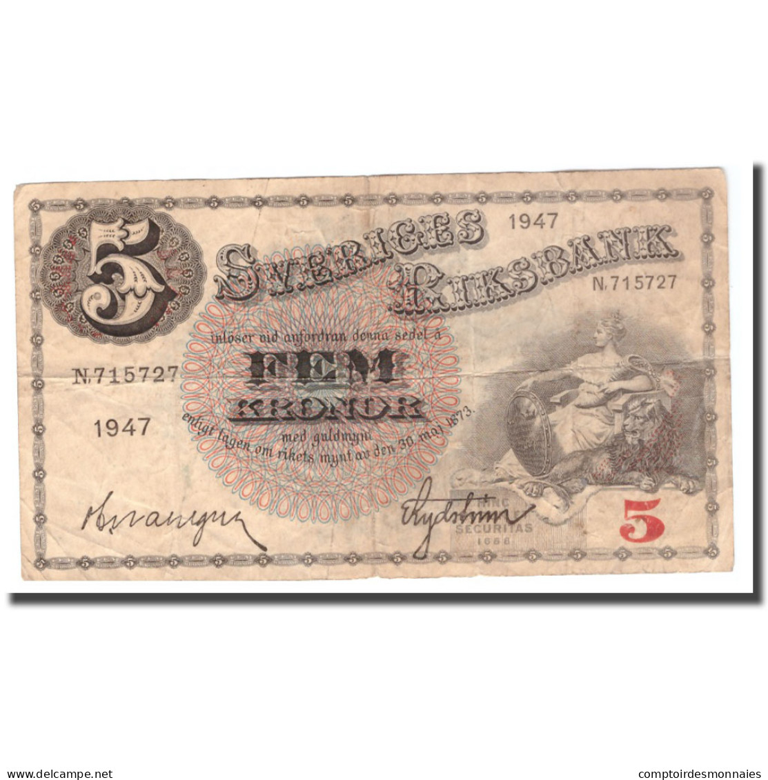 Billet, Suède, 5 Kronor, 1947, 1947, KM:33ad, TB - Sweden