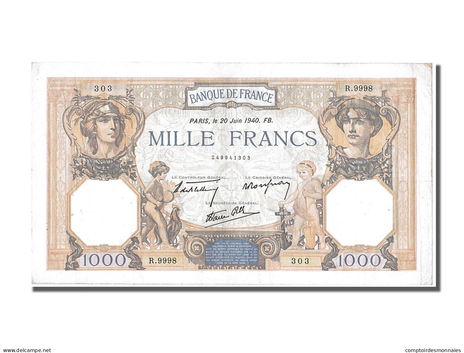 Billet, France, 500 Francs, 1 000 F 1927-1940 ''Cérès Et Mercure'', 1940 - 1 000 F 1927-1940 ''Cérès Et Mercure''