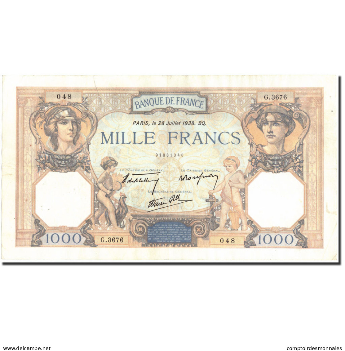 France, 1000 Francs, 1 000 F 1927-1940 ''Cérès Et Mercure'', 1938, 1938-07-28 - 1 000 F 1927-1940 ''Cérès E Mercure''