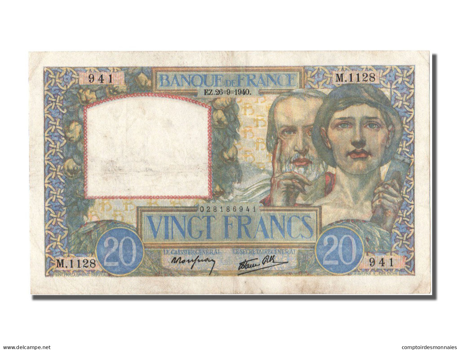 Billet, France, 20 Francs, 20 F 1939-1942 ''Science Et Travail'', 1940 - 20 F 1939-1942 ''Science Et Travail''