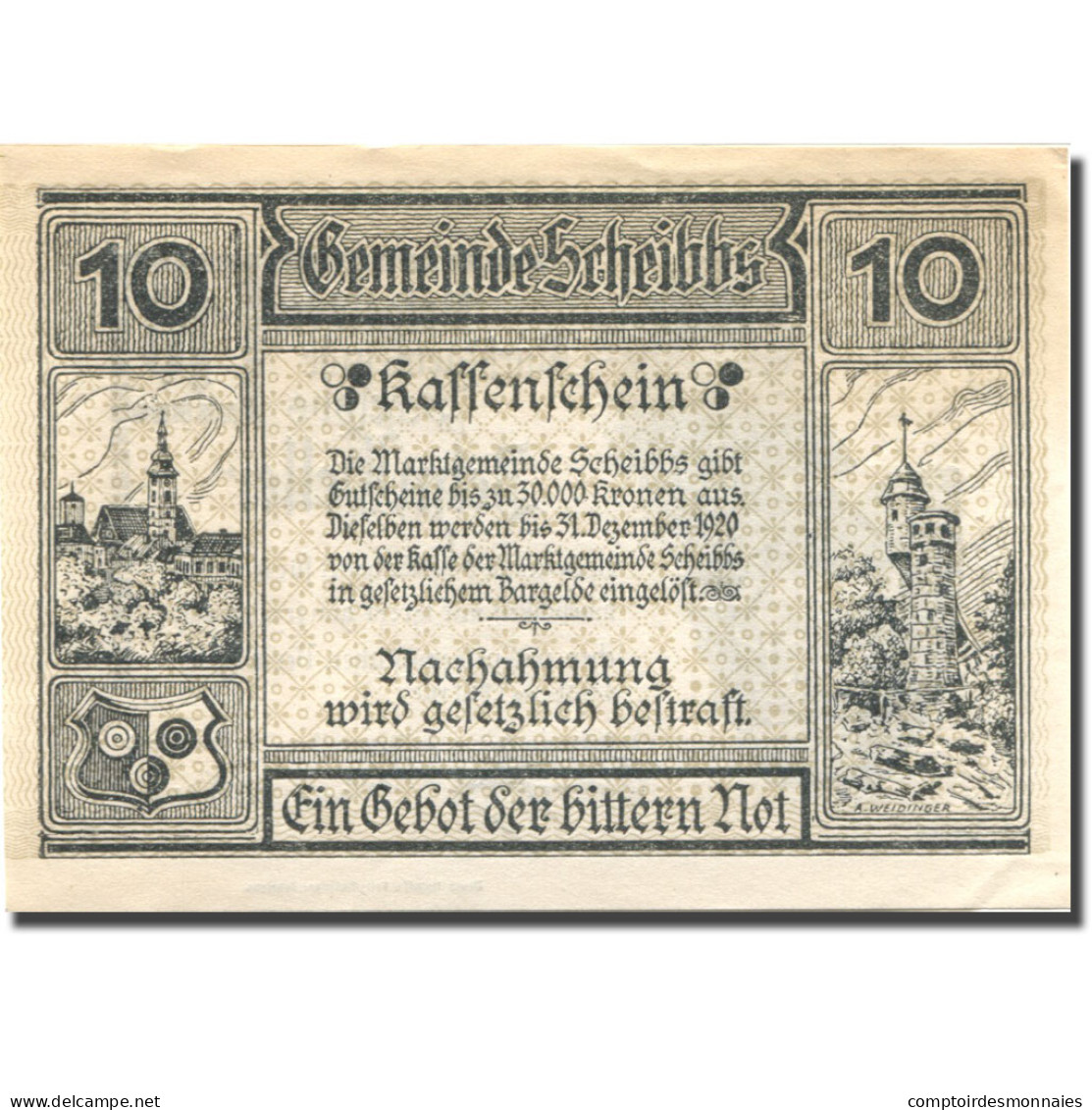 Billet, Autriche, Scheibbs, 10 Heller, Château 1920-12-31, SPL Mehl:FS 957IIb - Oesterreich