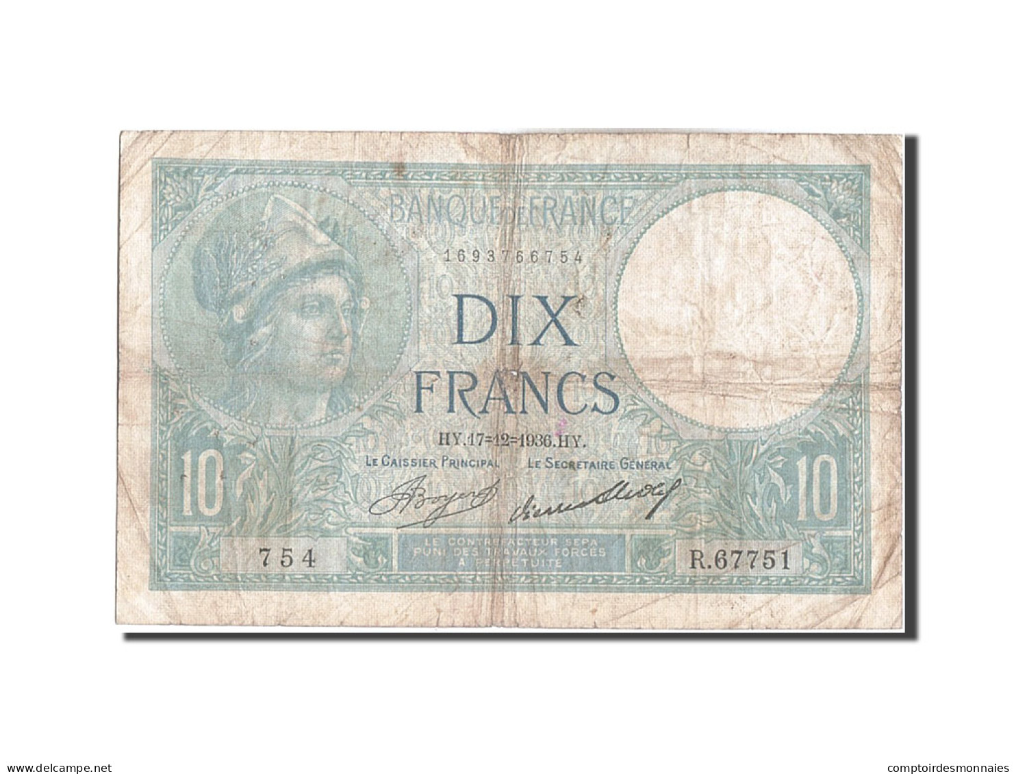 Billet, France, 10 Francs, 10 F 1916-1942 ''Minerve'', 1936, 1936-12-17, TB - 10 F 1916-1942 ''Minerve''