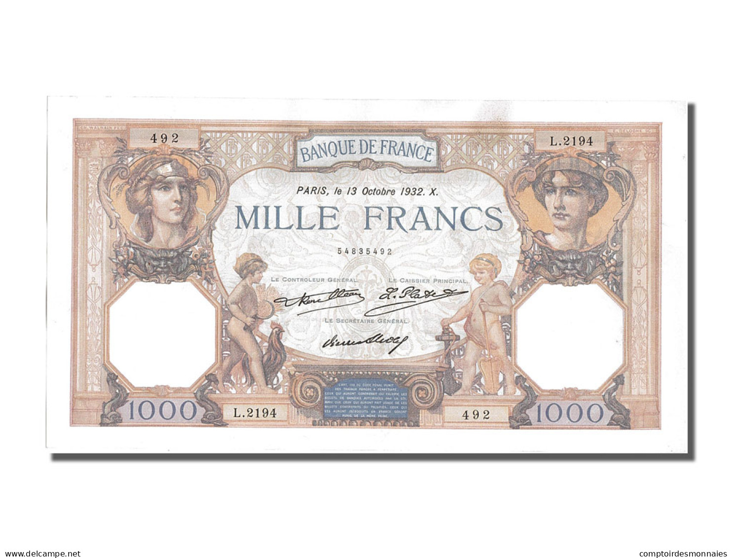 Billet, France, 1000 Francs, 1 000 F 1927-1940 ''Cérès Et Mercure'', 1932 - 1 000 F 1927-1940 ''Cérès E Mercure''