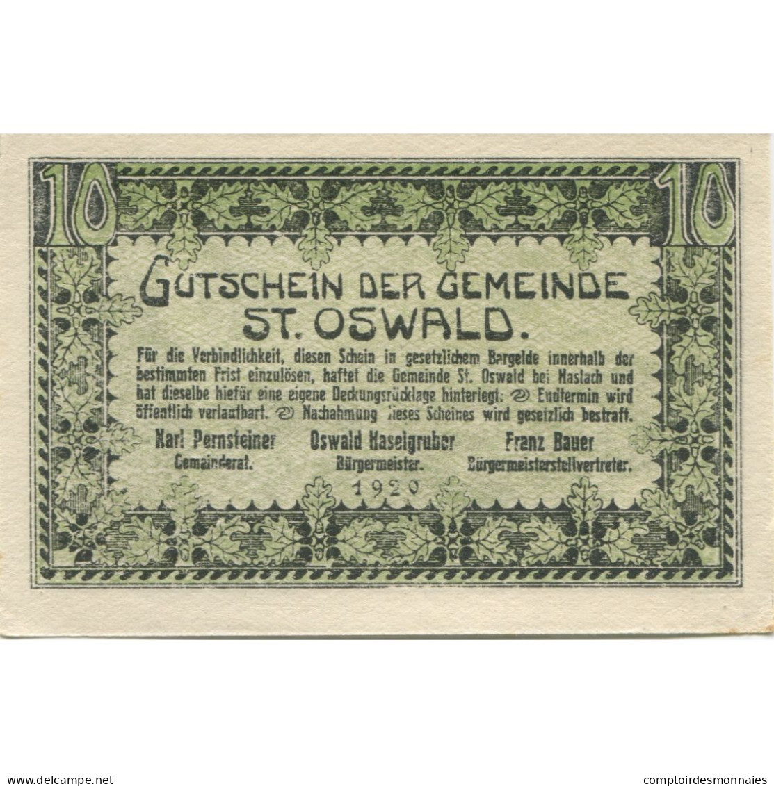 Billet, Autriche, St Oswald, 10 Heller, Montagne, 1920, SPL, Mehl:FS 918 - Oesterreich