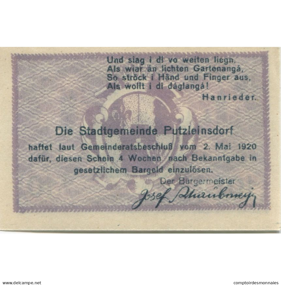 Billet, Autriche, Putzleinsdorf, 10 Heller, Eglise 1920-05-02, SPL Mehl:FS 804a - Oesterreich