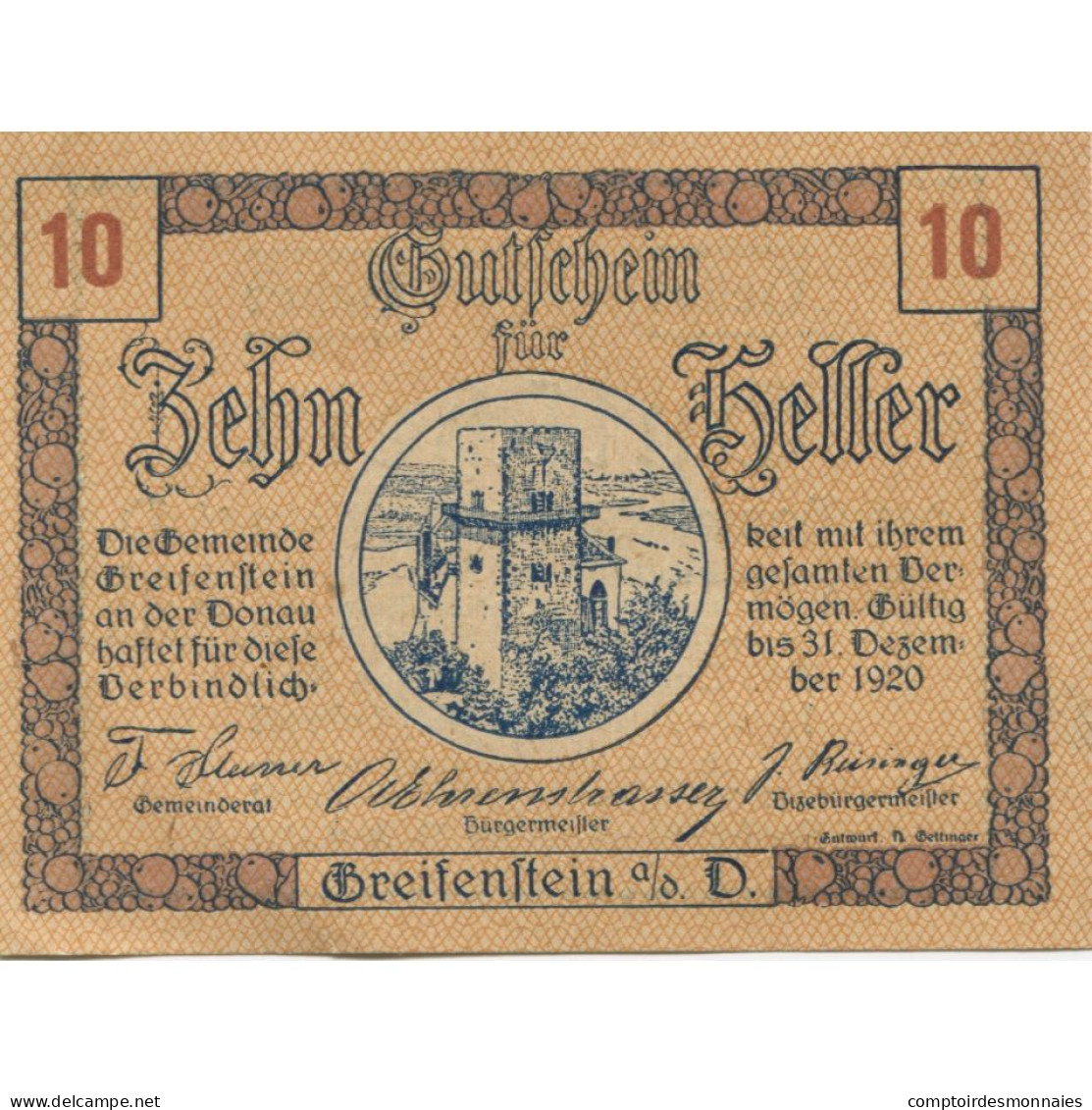 Billet, Autriche, Greifenstein, 10 Heller, Château 1920-12-31, SPL Mehl:FS 275a - Oesterreich