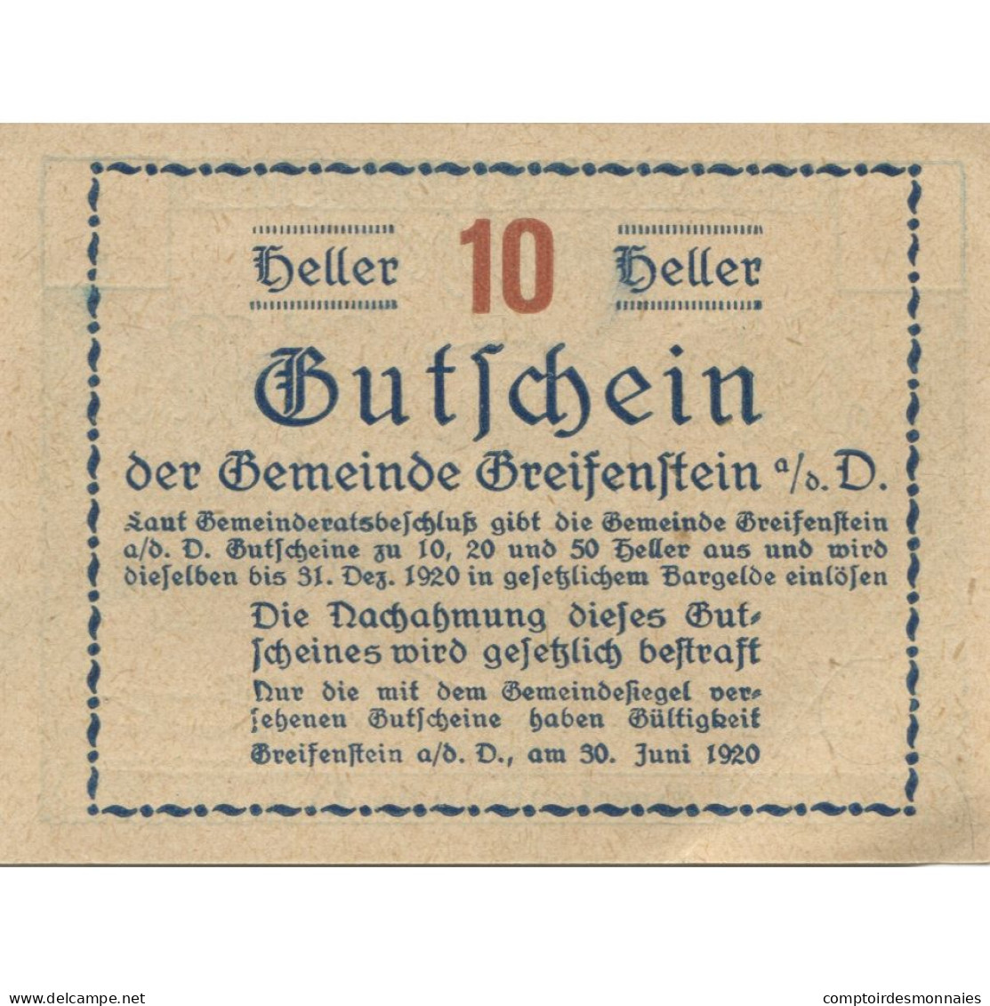 Billet, Autriche, Greifenstein, 10 Heller, Château 1920-12-31, SPL Mehl:FS 275a - Oesterreich