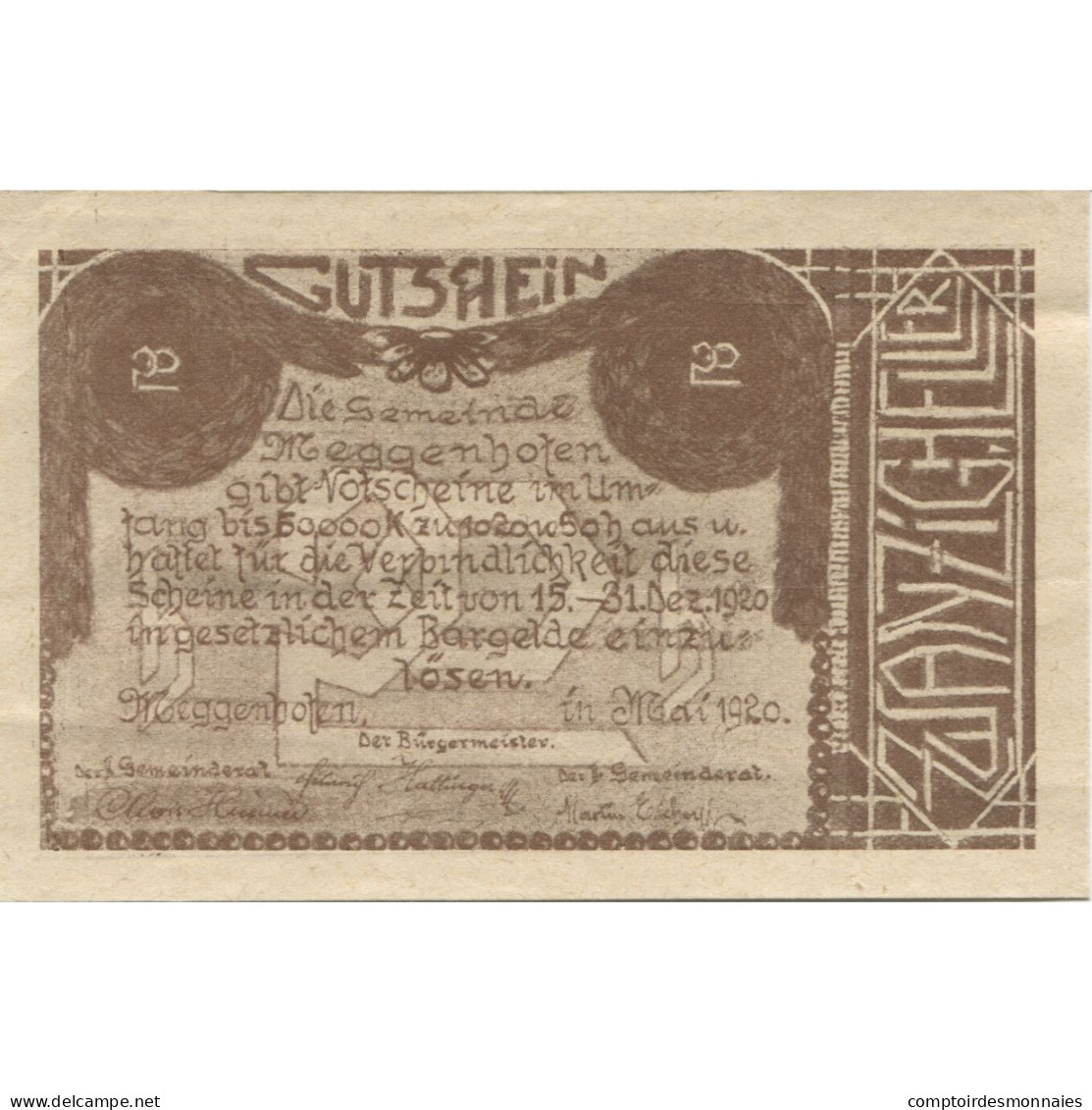 Billet, Autriche, Meggenhofen, 20 Heller, Eglise, 1920-12-31, SPL Mehl:FS 603Ia - Oesterreich