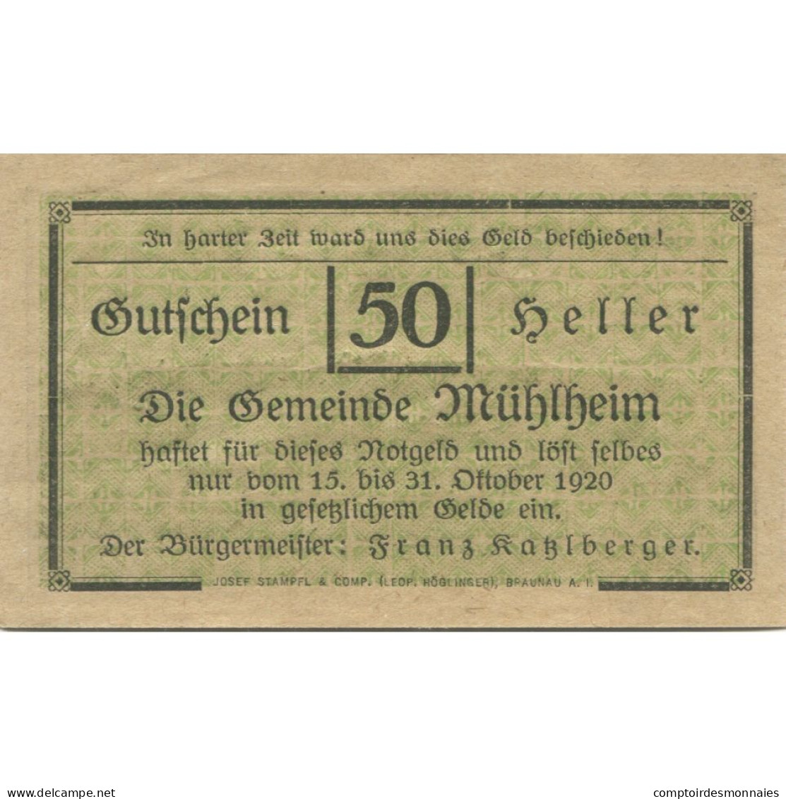 Billet, Autriche, Mühlheim, 50 Heller, Château 1, 1920-10-31, SPL Mehl:FS 631b2 - Oesterreich