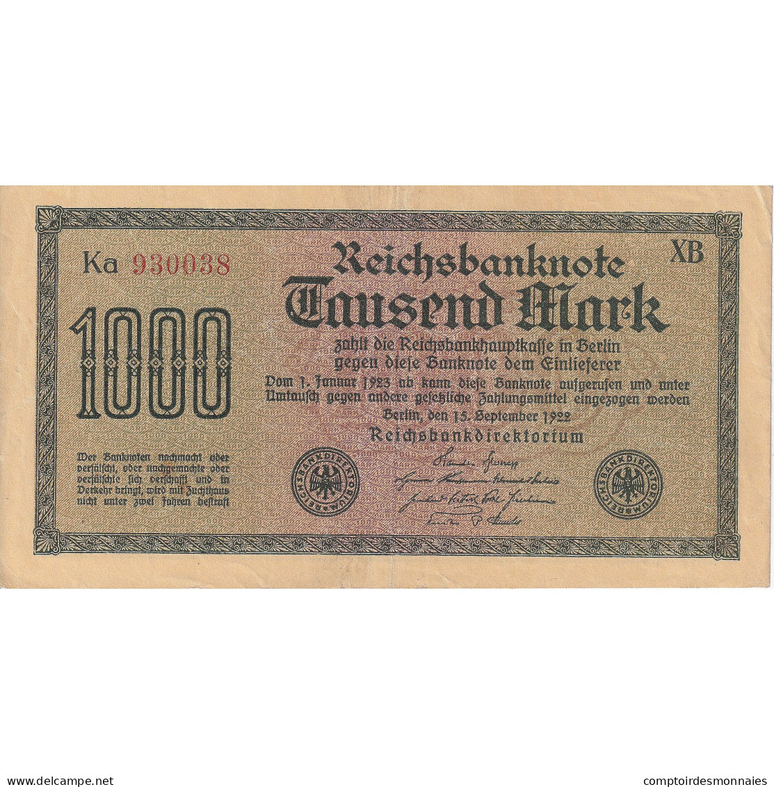 Allemagne, 1000 Mark, 1922-09-15, KM:76g, TTB - 1.000 Mark