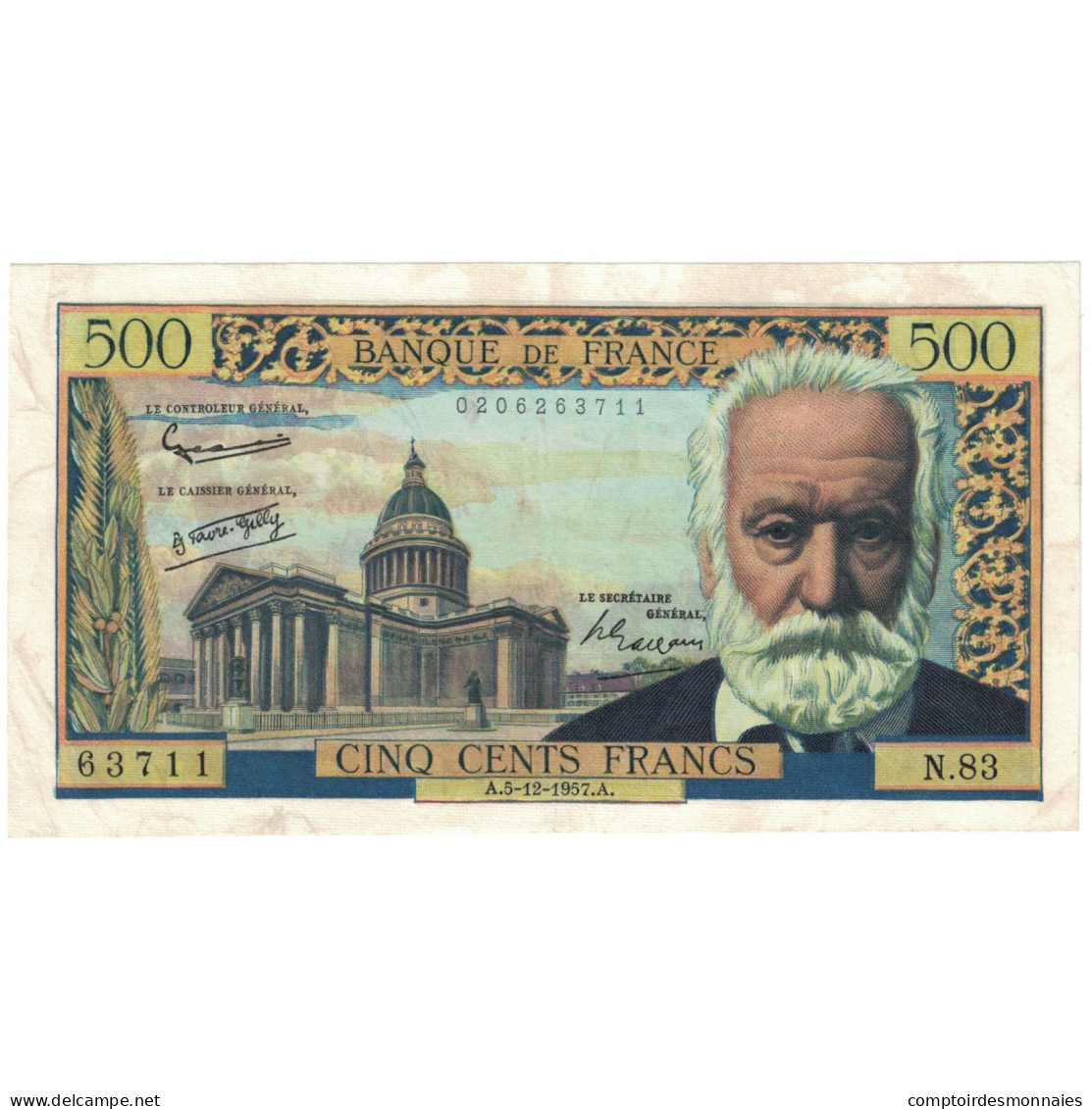 France, 500 Francs, Victor Hugo, 1957, N.83, TTB, Fayette:35.7, KM:133b - 500 F 1954-1958 ''Victor Hugo''