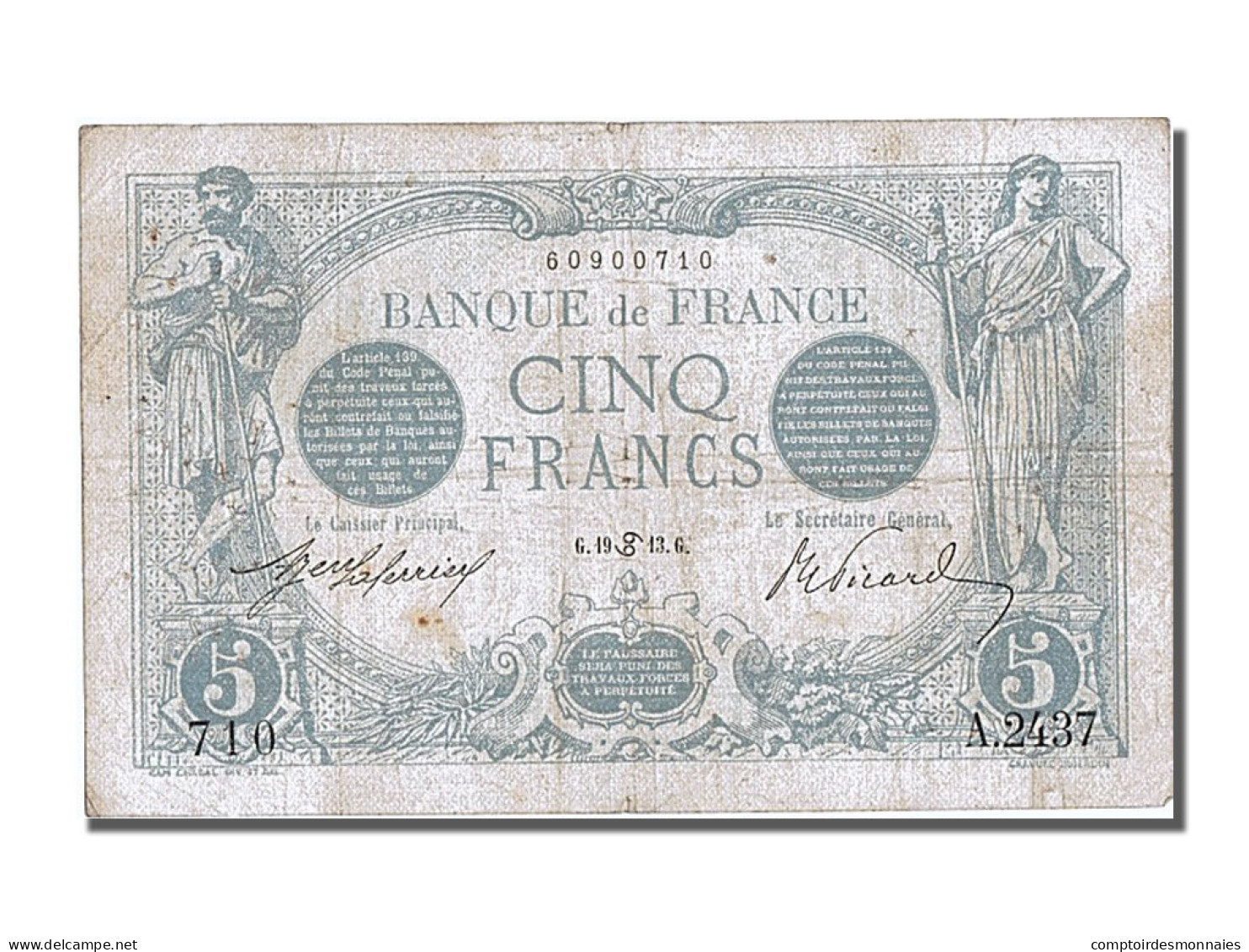 Billet, France, 5 Francs, 5 F 1912-1917 ''Bleu'', 1913, 1913-06-19, TTB - 5 F 1912-1917 ''Bleu''