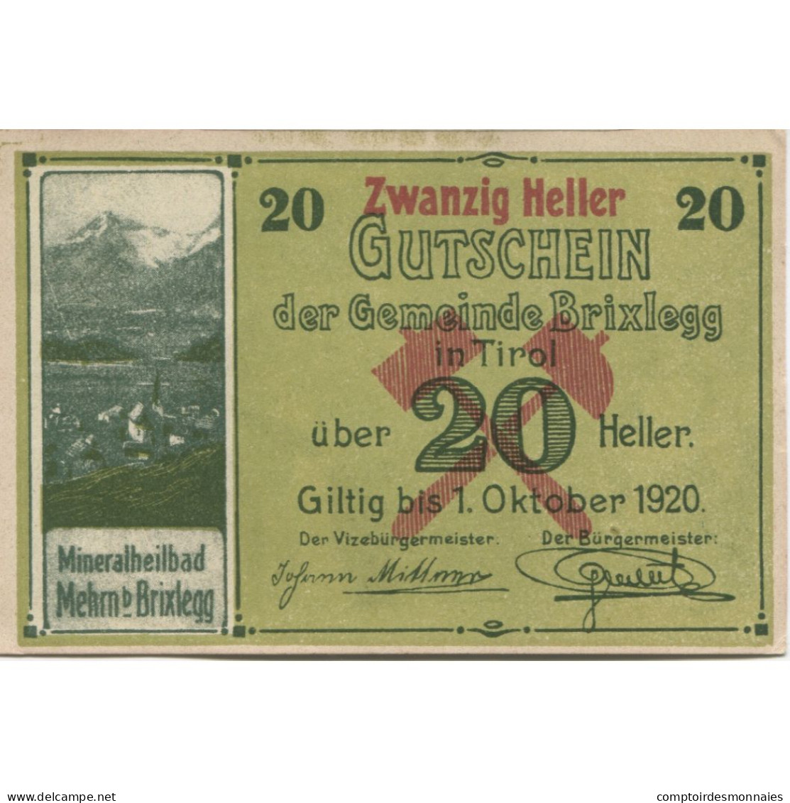 Billet, Autriche, Brixlegg, 20 Heller, Paysage 1920-10-31, SPL, Mehl:FS 104a - Oesterreich