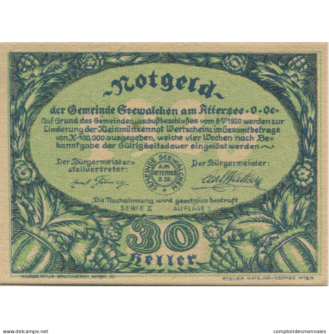 Billet, Autriche, Attersee, 30 Heller, Forêt, 1920, SPL, Mehl:FS 988a - Oesterreich