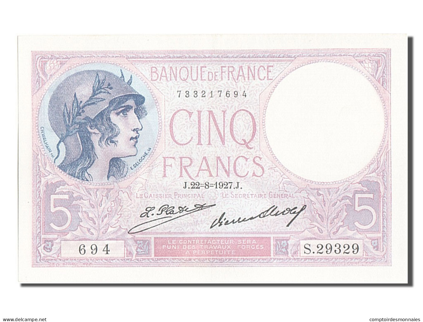 Billet, France, 5 Francs, 5 F 1917-1940 ''Violet'', 1927, SUP+, Fayette:3.11 - 5 F 1917-1940 ''Violet''