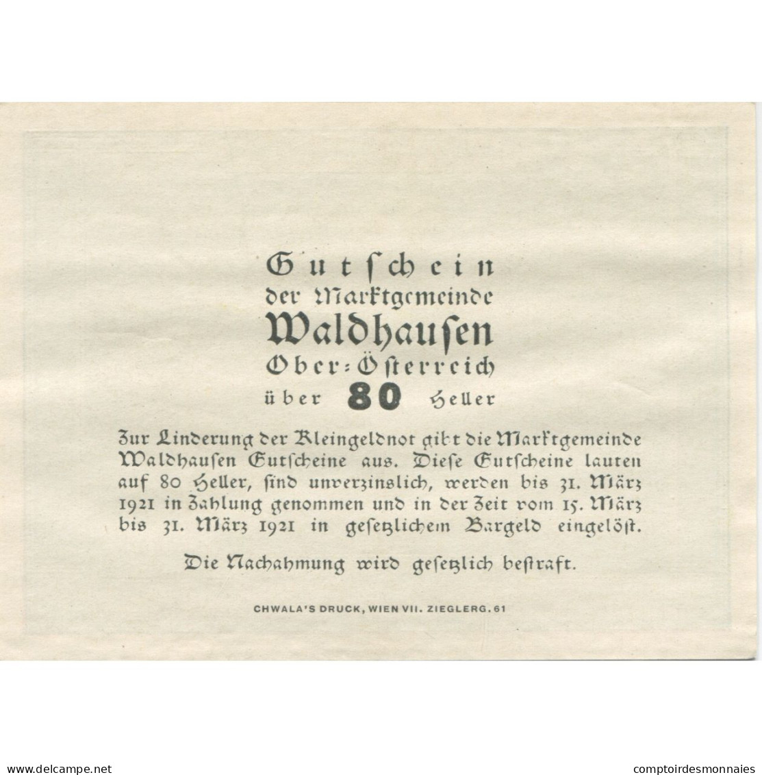 Billet, Autriche, Waldhausen, 80 Heller, Paysage 1921-03-31, SPL, Mehl:FS 1131 - Oesterreich
