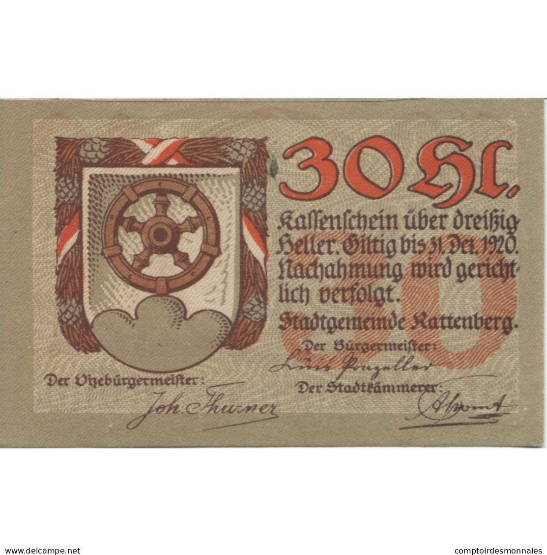 Billet, Autriche, Rattenberg, 30 Heller, Rue 1920-12-31, SPL, Mehl:FS 821I - Oesterreich