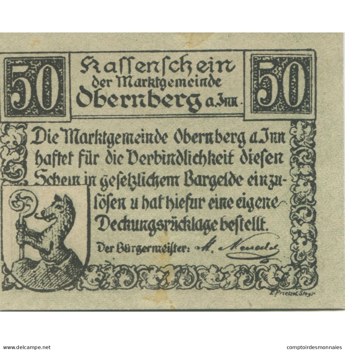 Billet, Autriche, Obernberg, 50 Heller, Blason, 1920, SPL, Mehl:FS 686Ia - Oesterreich