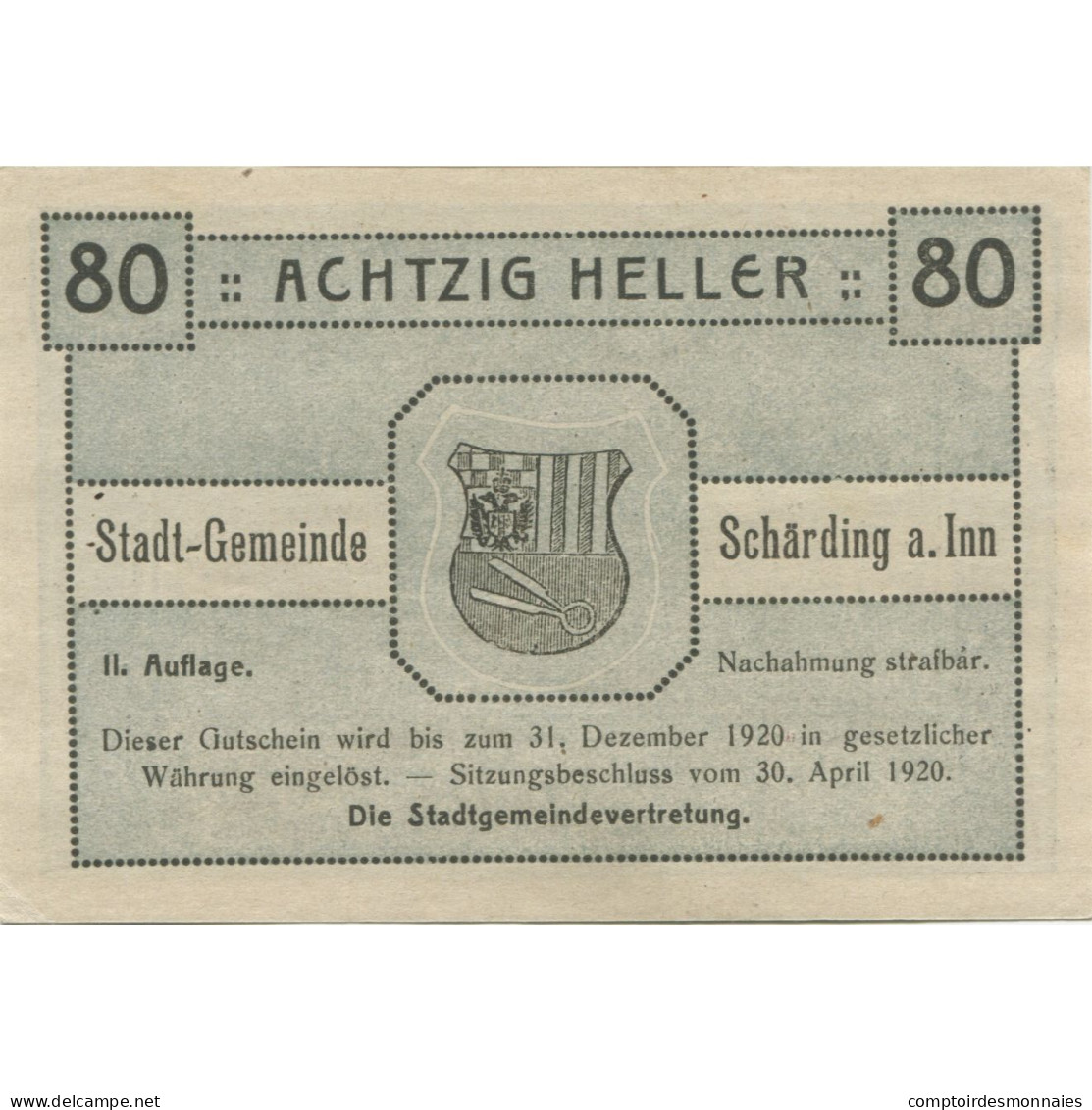 Billet, Autriche, Schärding, 80 Heller, Château 1920-12-31, SPL Mehl:FS 951 - Oesterreich