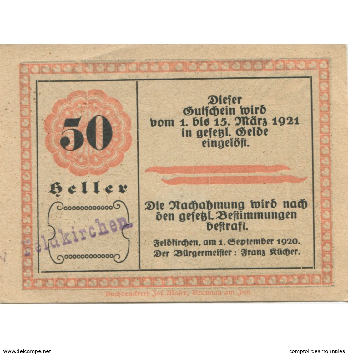 Billet, Autriche, Feldkirchen, 50 Heller, Village 1921-03-15, SPL Mehl:FS 196a - Oesterreich