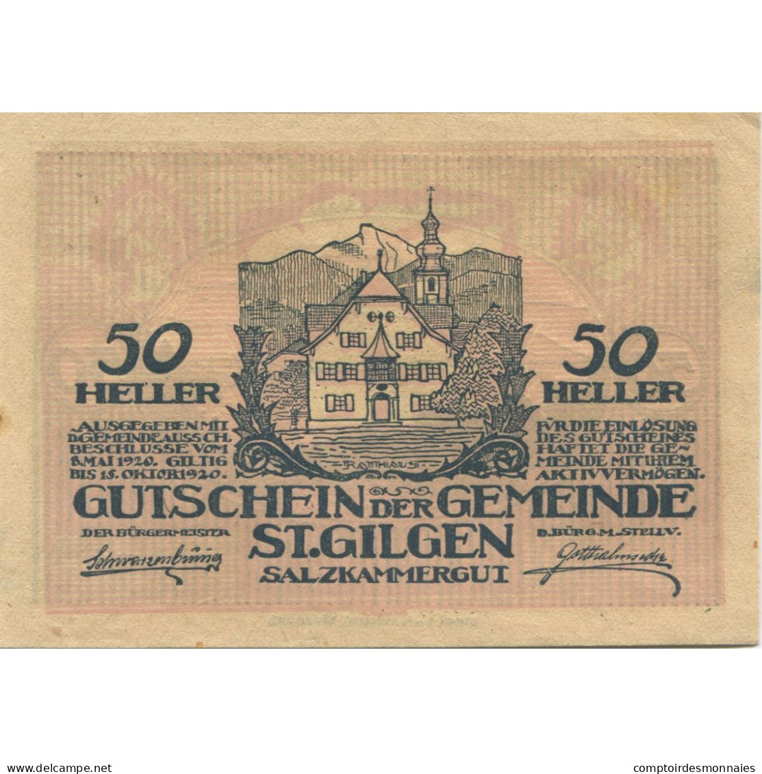 Billet, Autriche, St Gilgen, 50 Heller, Eglise 1920-10-15, SPL, Mehl:FS 891a - Oesterreich