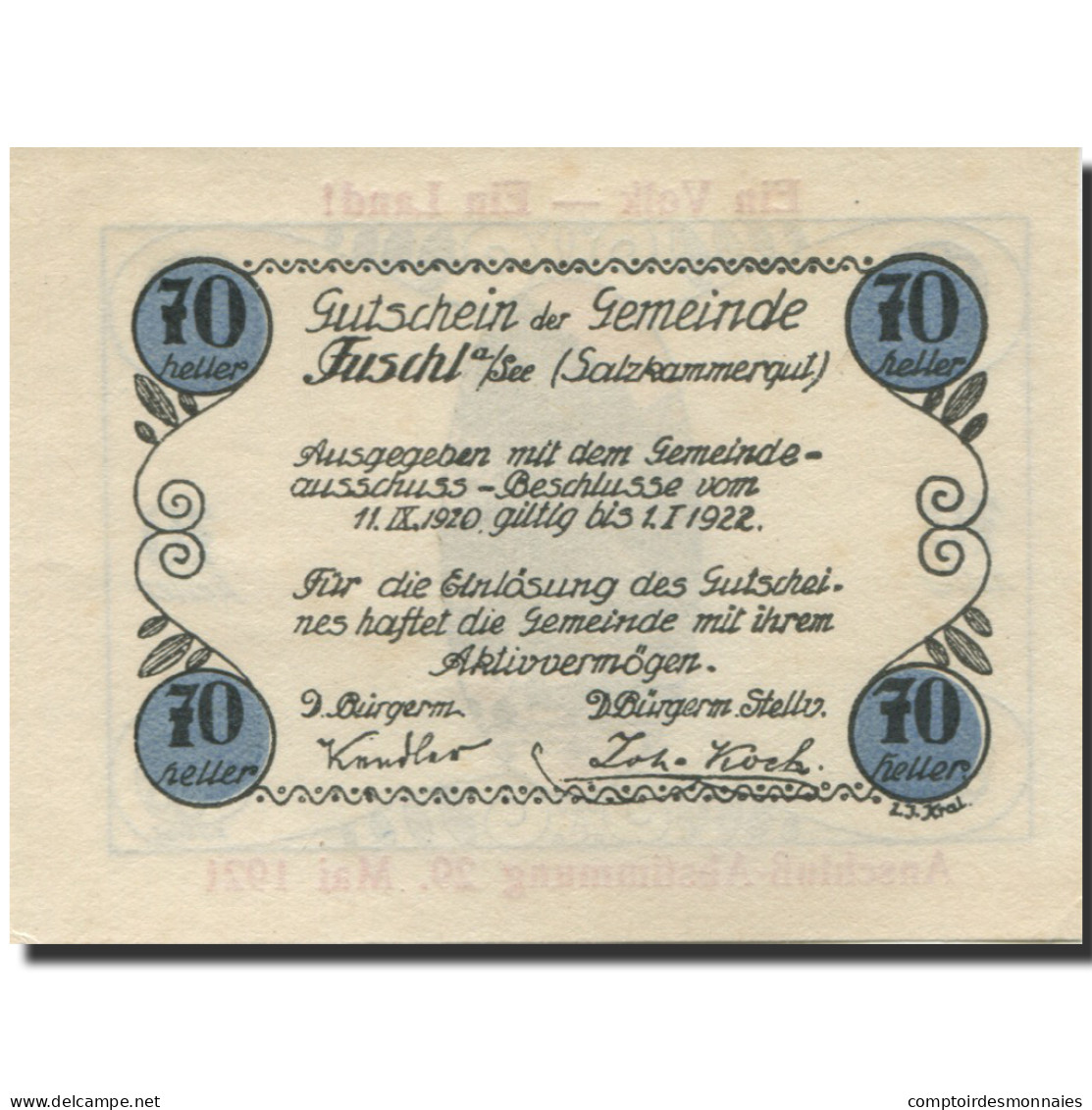 Billet, Autriche, Fuschl, 70 Heller, Montagne 1922-01-01, SPL Mehl:FS 215b - Oesterreich