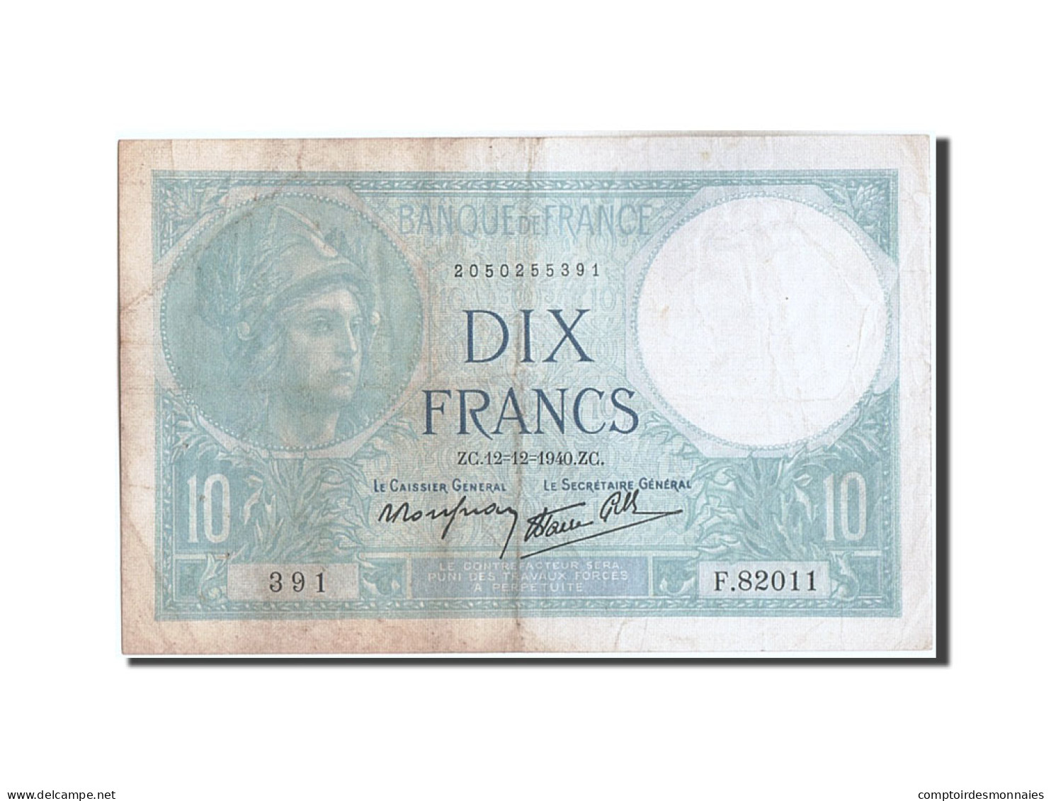 Billet, France, 10 Francs, 10 F 1916-1942 ''Minerve'', 1940, 1940-12-12, TB - 10 F 1916-1942 ''Minerve''