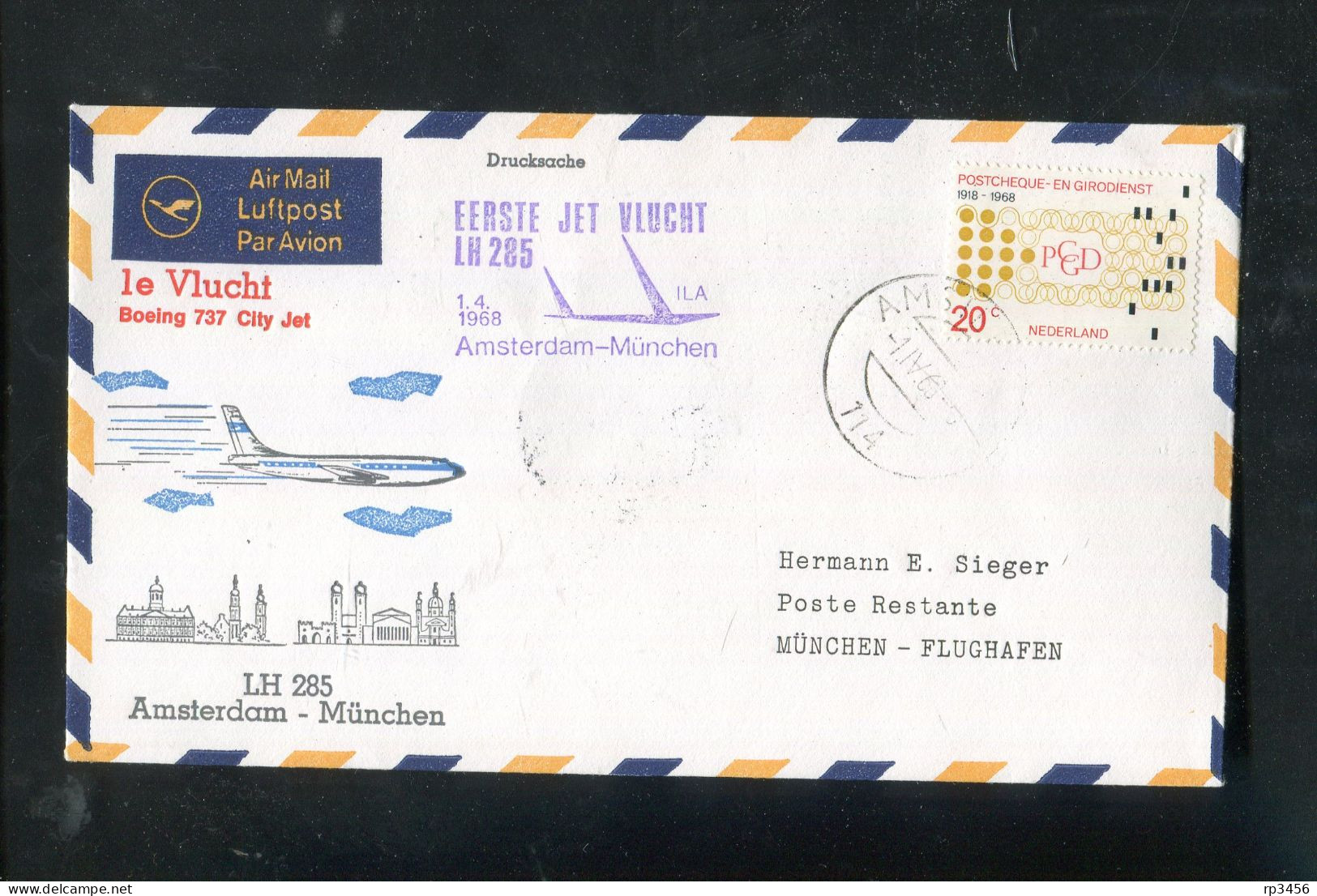 "NIEDERLANDE" 1968, Erstflugbrief LH 285 Mit Boeing 737 City Jet "Amsterdam-Muenchen" (R0049) - Poste Aérienne