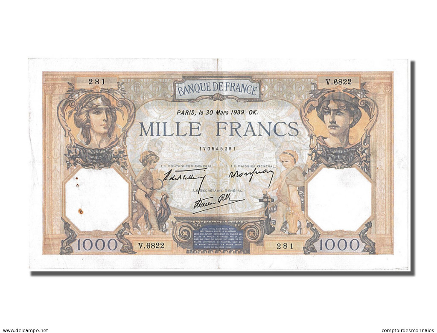 Billet, France, 500 Francs, 1 000 F 1927-1940 ''Cérès Et Mercure'', 1939 - 1 000 F 1927-1940 ''Cérès Et Mercure''