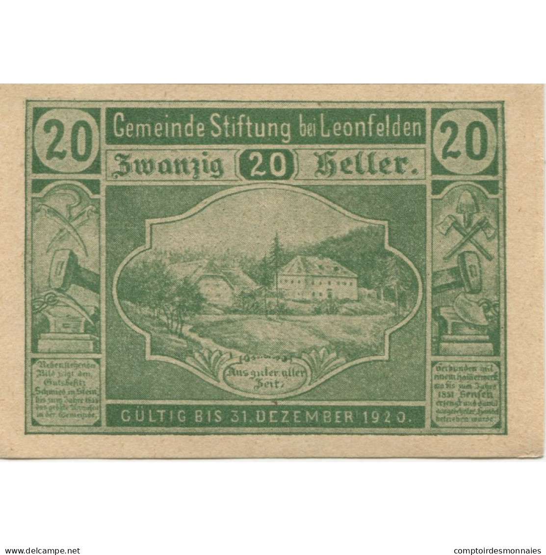 Billet, Autriche, Leonfelden, 20 Heller, Montagne 1920-12-31, SPL Mehl:FS 1037a - Oesterreich