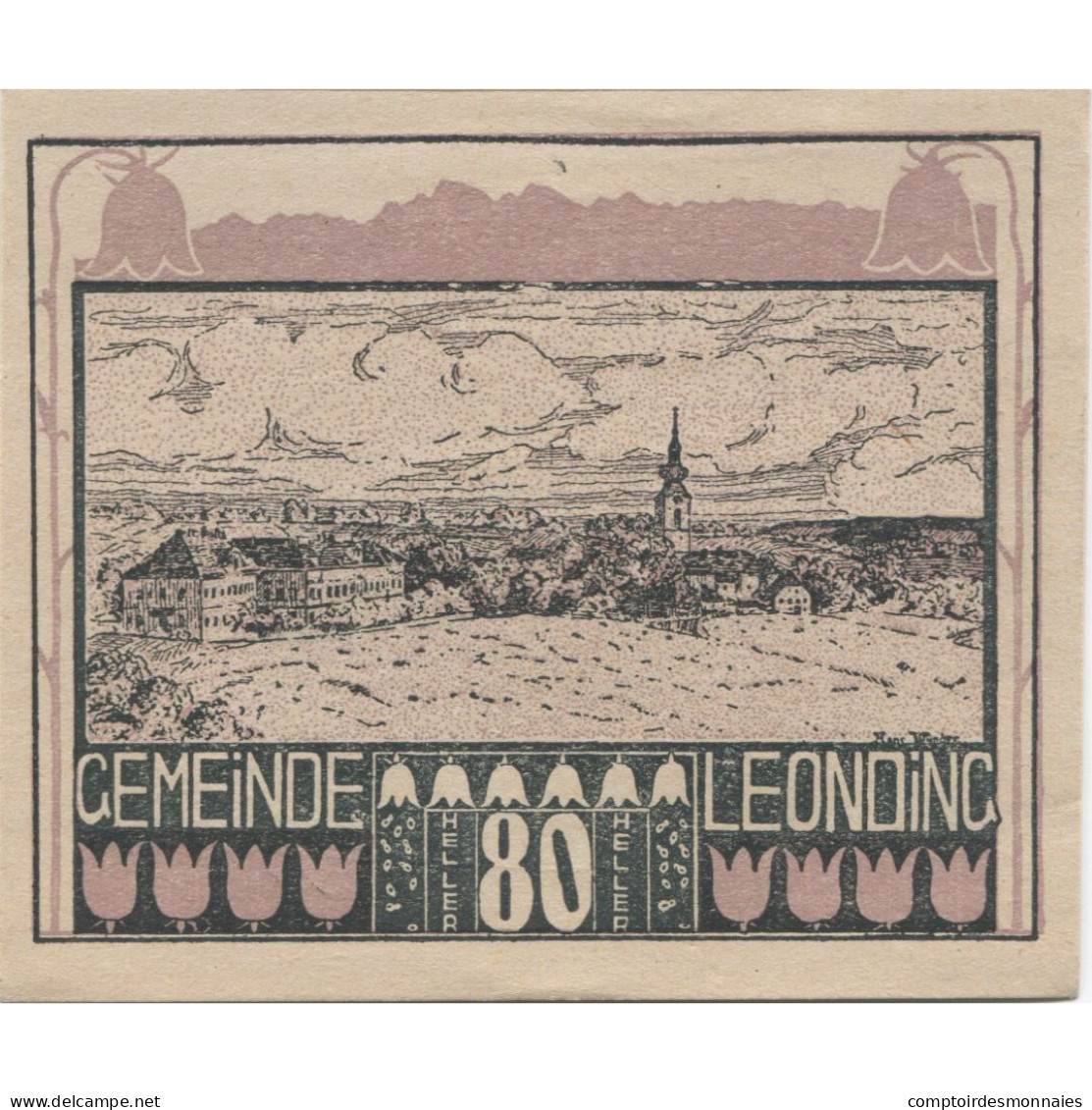 Billet, Autriche, Leonding, 80 Heller, Village, 1920, SPL, Mehl:FS 513a - Austria