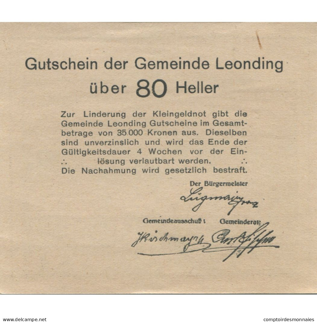 Billet, Autriche, Leonding, 80 Heller, Village, 1920, SPL, Mehl:FS 513a - Austria