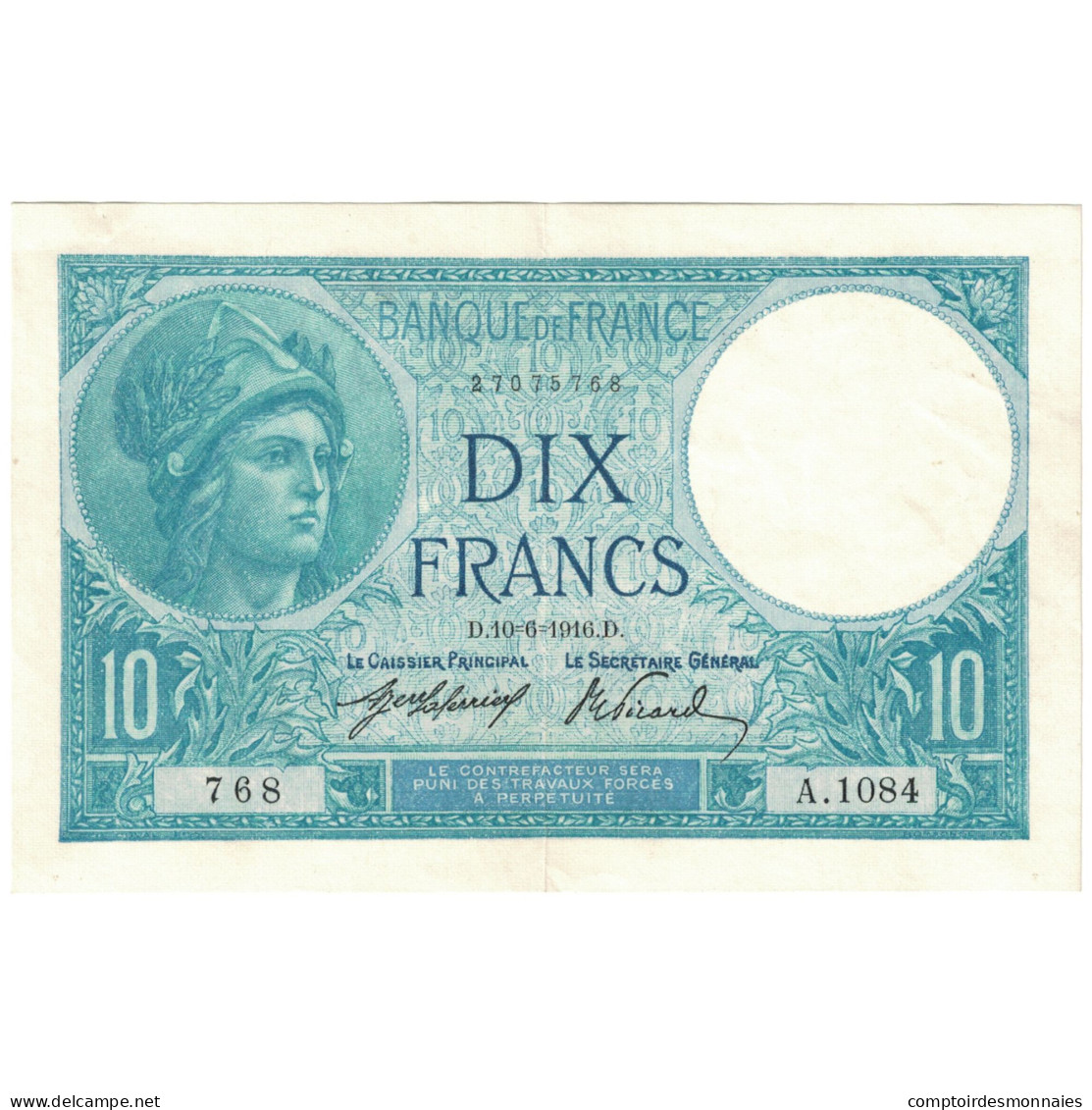 France, 10 Francs, 1916, 768 A.1084, SUP, Fayette:06.01 - 10 F 1916-1942 ''Minerve''