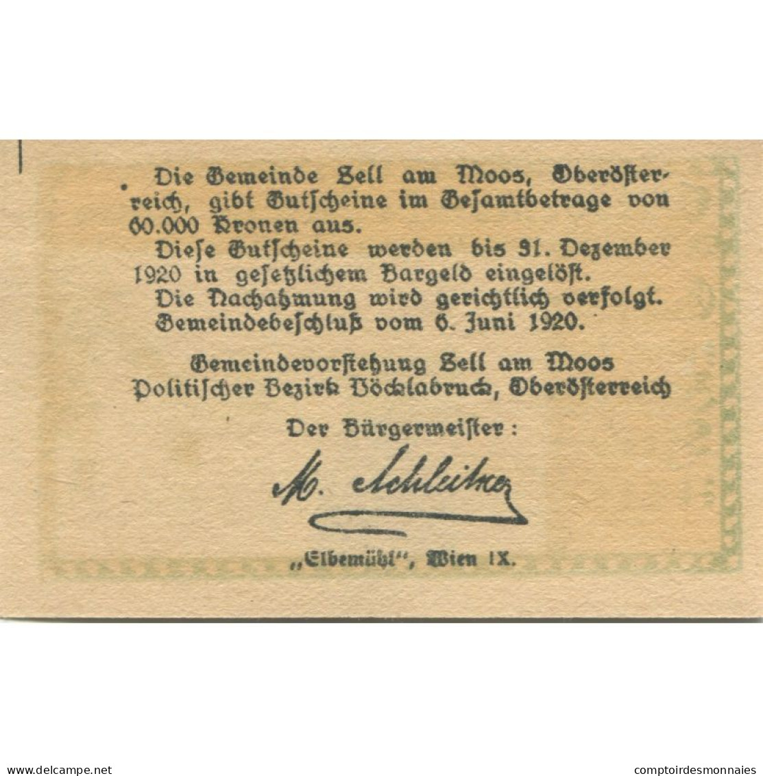 Billet, Autriche, Moos, 20 Heller, Maison, 1920, 1920-12-31, SPL, Mehl:FS 1268 - Austria