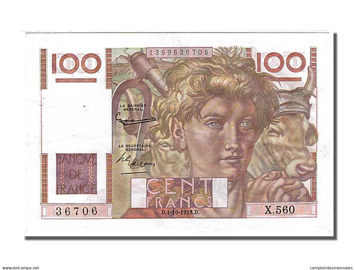 Billet, France, 100 Francs, 100 F 1945-1954 ''Jeune Paysan'', 1953, 1953-10-01 - 100 F 1945-1954 ''Jeune Paysan''