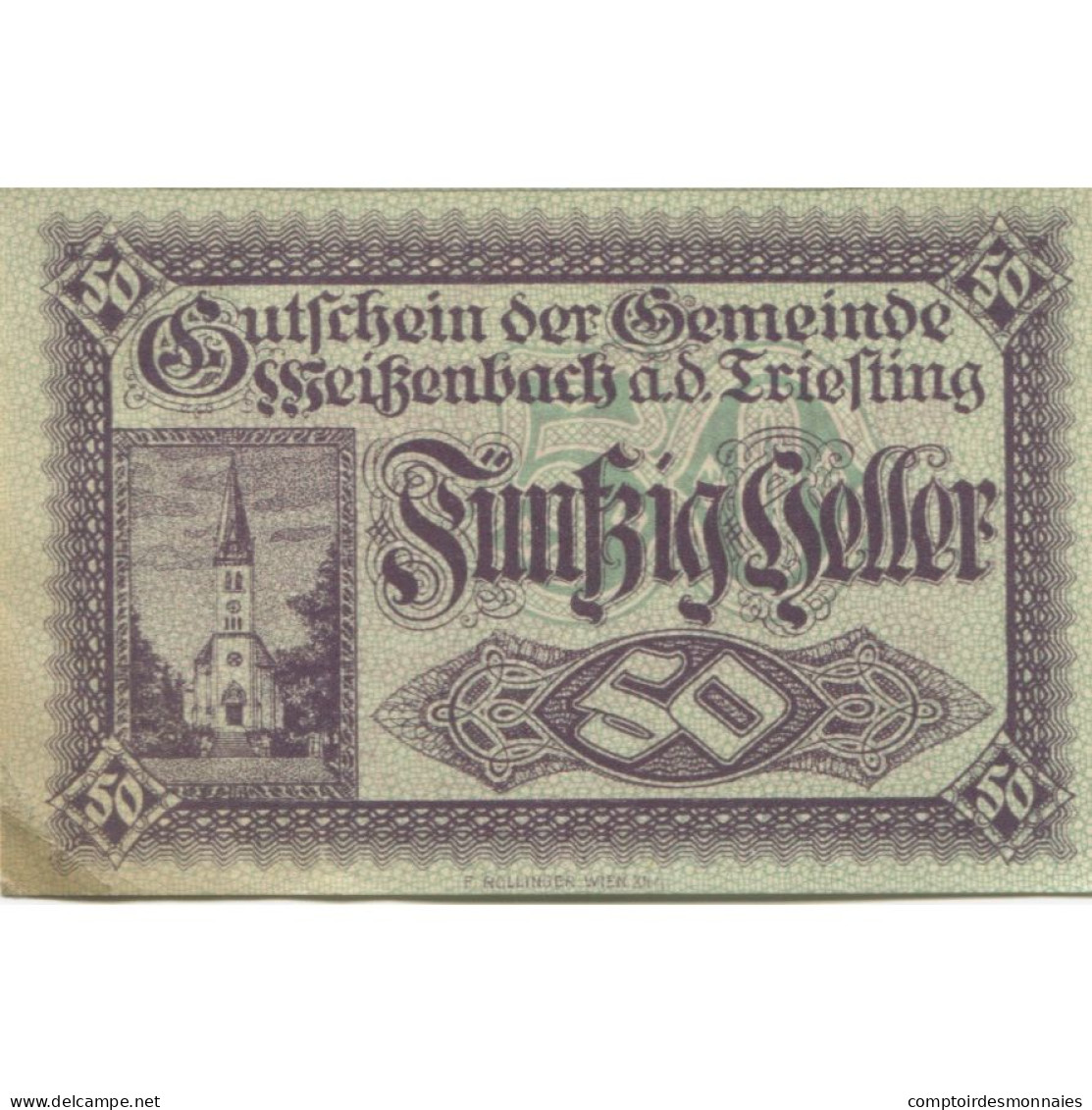 Billet, Autriche, Weisenbach, 50 Heller, Eglise 1920-10-31, SUP Mehl:FS 1155a - Oesterreich